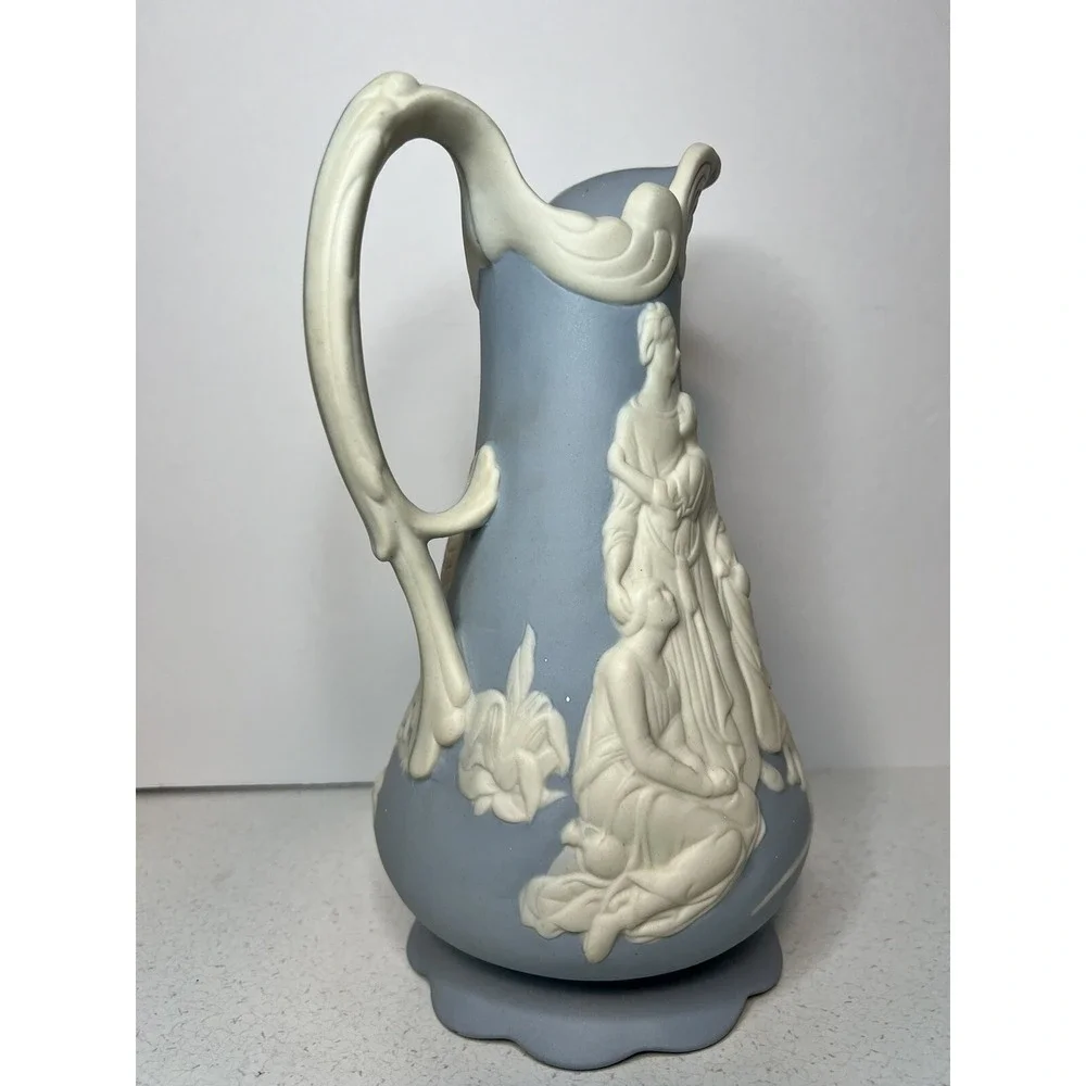 Parian Ware Naomi and Her Daugthers-in-Law Relief Jug Pitcher blue white 1950's